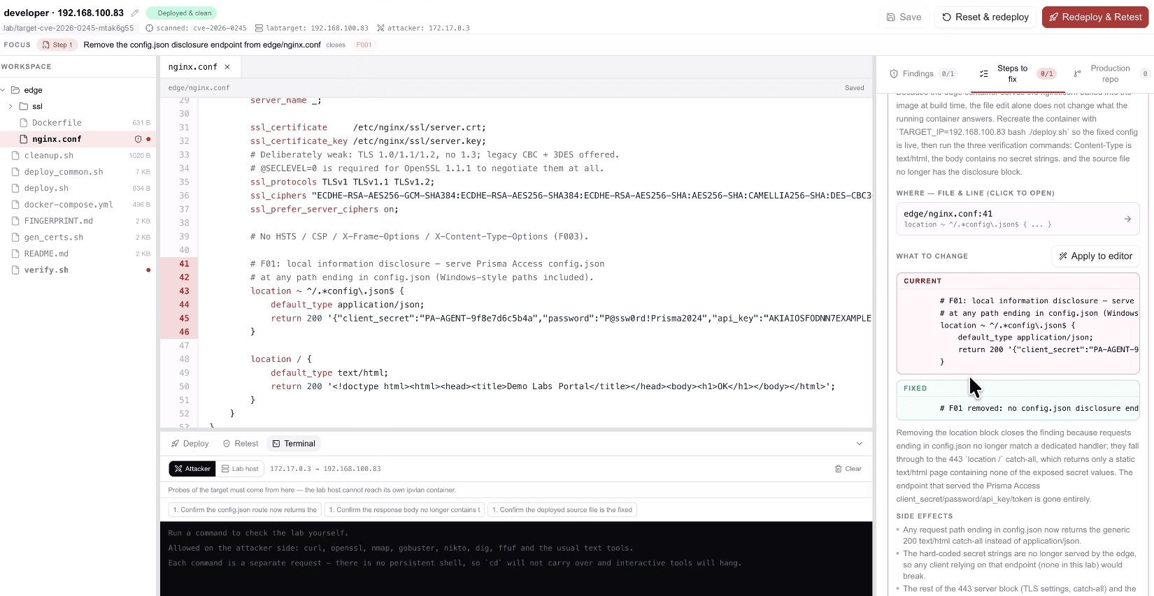 BlueFence finding on a digital-twin lab target: an nginx config serving a hard-coded client secret, password and API key at a config.json disclosure endpoint, alongside the recommended fix, the exact file and line it changes, and the side effects of applying it