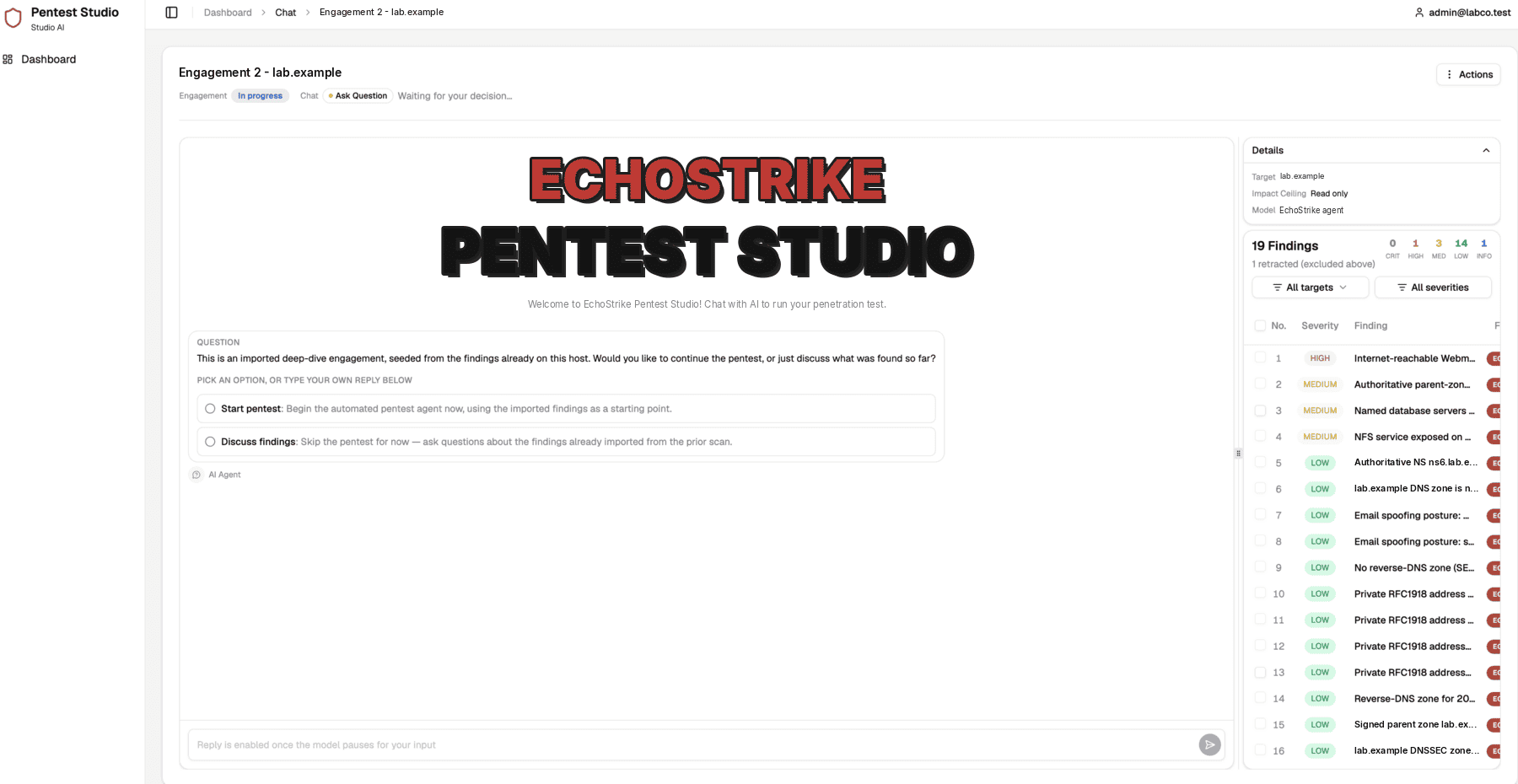 Pentest Studio live operator console mid-engagement, showing an imported deep-dive engagement with 19 findings and an AI agent awaiting a decision